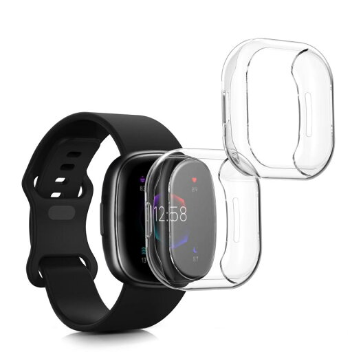 kwmobile 2x ケース Fitbit Versa 4 / Sense 2対応 カバー - フルカバー シリコン 耐衝撃 全体保護 黒色/透明 kwmobile 2x ケース Fitbit Versa 4 / Sense 2対応 カバー - フルカバー シリコン 耐衝撃 全体保護 黒色/透明