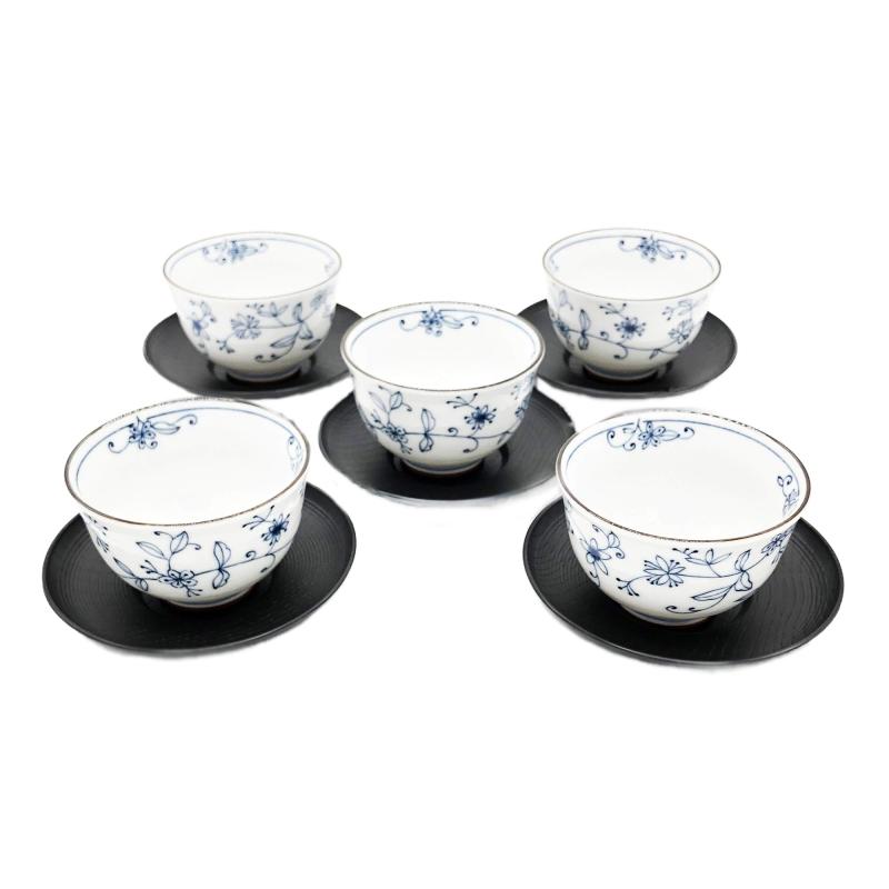 日本陶彩 線唐草 茶托付湯吞揃