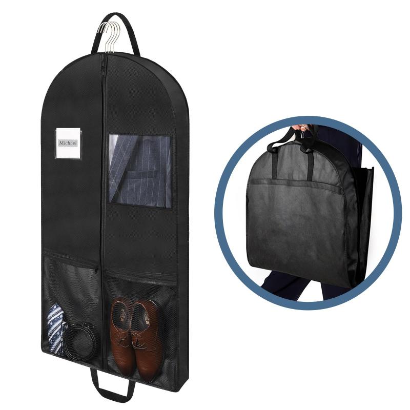 Belinlen 110×60cm ガーメントバッグ メッシュポケット付き持ち運び スーツ カバー メンズ/レディース 不織布 衣装カバー 透明窓と10cmのマチ付き型崩れ防止ガーメントバッグ 出張、旅行、収納