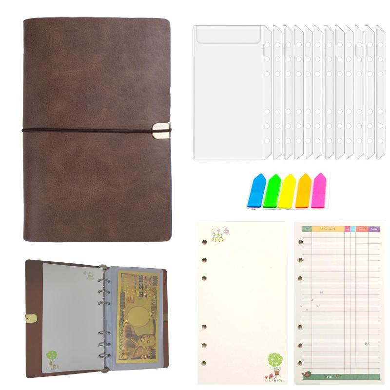 YIYIMUKI 家計管理 ポーチ お金管理 ファイル 家計簿 袋分け 家計簿ファイル PU A6 6穴 バインダー 透明 大容量手帳