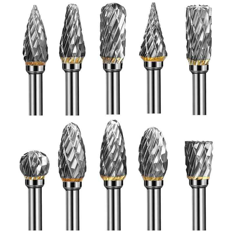 YWHWLX 超硬バー リューター ビット 10種類(3mm 軸 刃幅6mm) タングステンバー ミニルーター ビット 超硬ドリルビット 超硬カッター 木工 穴あけ 彫刻 バリ取り 研磨用 10本セット