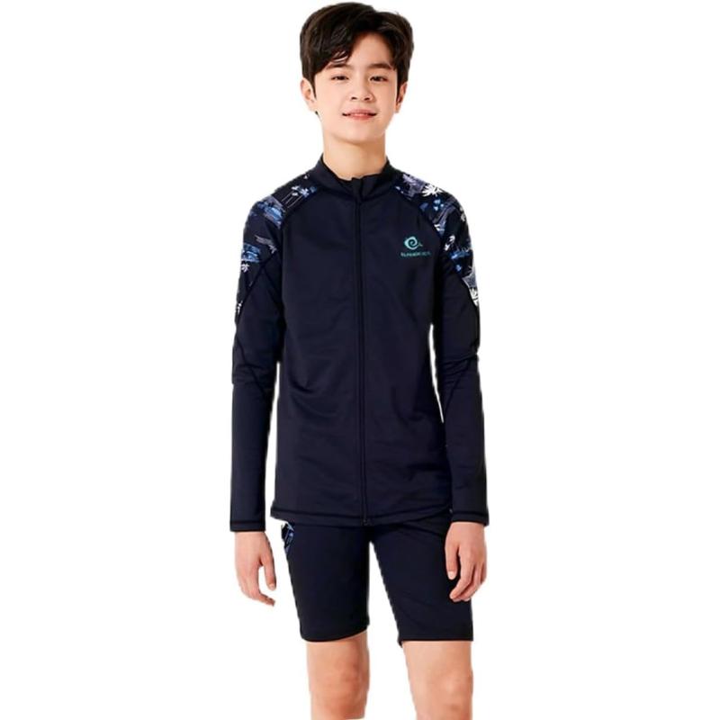 [Emfay] キッズ 水着 ジュニア 長袖 ラッシュガード 150-170cm 男の子 水着 パンツ キャップ 3点セット