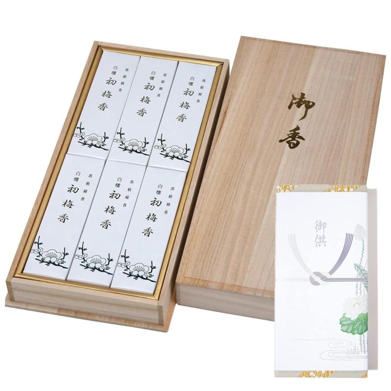 【 包装 蓮のし付き 】梅薫堂 白檀初梅 6箱入 【桐箱】/「心を穏やかにする白檀の香り。大切な人への贈り物に最適なギフト線香。」 日本製 国産 淡路島 ばいくんどう お線香 御香 お香 御
