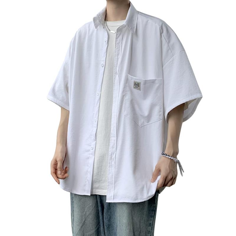 [Oumly] シャツ メンズ ゆる 五分袖 シャツ 半袖 オーバーサイズシャツ ワイシャツ 韓国 ポロネック 大きいサイズ 派手 ストリート系 ドロップショルダー 吸汗速乾 快適な軽い 無地 夏 半袖 ワ