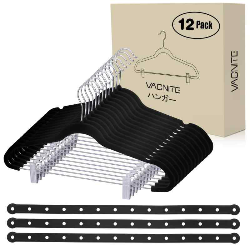 VACNITE 衣類ハンガー 12本セット すべらない ズボンハンガー 強力クリップ付き くぼみ付 跡がつかない 型崩れしない 多機能 省スペース (ブラック)(3.0)