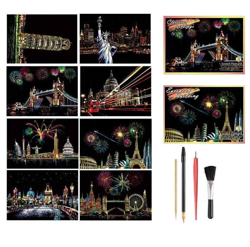 8枚入り スクラッチアート はがきタイプ 削るだけで美しいアート 面白い塗り絵 桜 花火 世界の夜景 有名な観光地 DIY 手作り 虹絵 スクラッチ極細ペン付き...