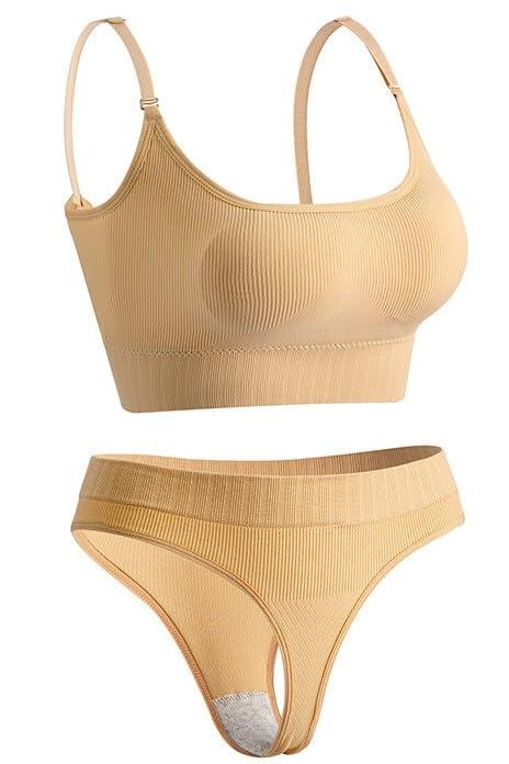 [Unigrand] スポーツブラ ＆ Tバックセット ミディアムサポート 無地 カップ内臓 ノンワイヤー ナイトブラ