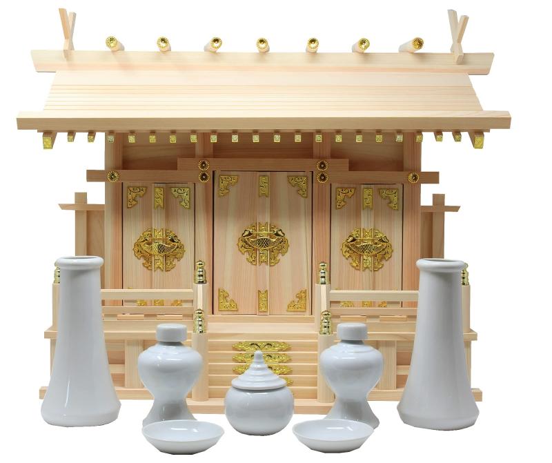 乐天商城 - 松山神仏具店 神棚 通し屋根三社 雲シール付 日本製 国産 檜 桧 ひのき 幅54cm 高40cm 奥21.5cm