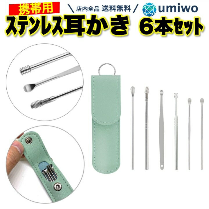 【送料無料】ステンレス 耳かき 6種類セット グリーン ケース付き スプーン スパイラル スプリング ヘラ 金属 丈夫 丸洗い 携帯 耳掻き 耳掃除 耳垢 しっかり 持ち運び 薄い 軽い バネ 子供 シンプル 簡単 小型 コンパクト ステンレス耳かき