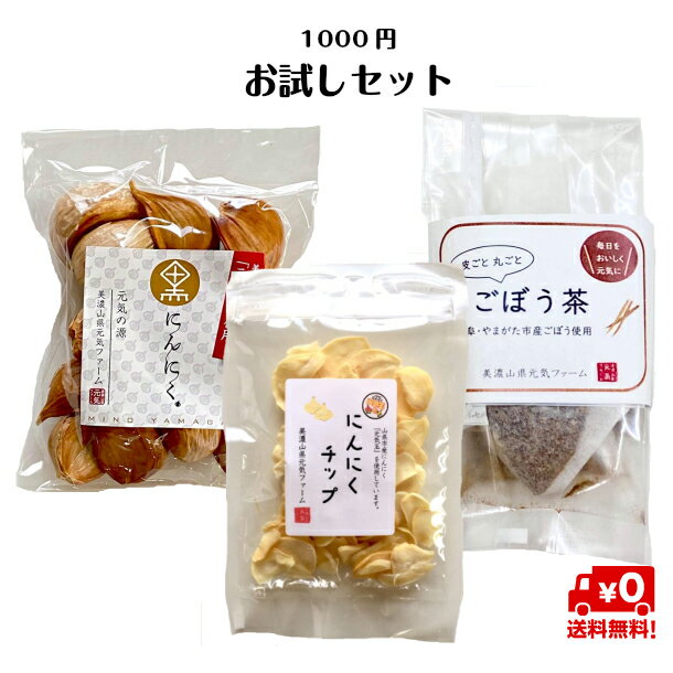 【お試し3点セット】 黒にんにく14片・にんにくチップ30g・ごぼう茶15g（3g×5袋）【メール便】《日時指定不可・代引き不可・ポスト投函》ジャスト1000円　美濃山県元気ファーム 初めての方・トライアル　黒ニンニク、ゴボウ茶(午房茶）乾燥野菜・無添加・無着色