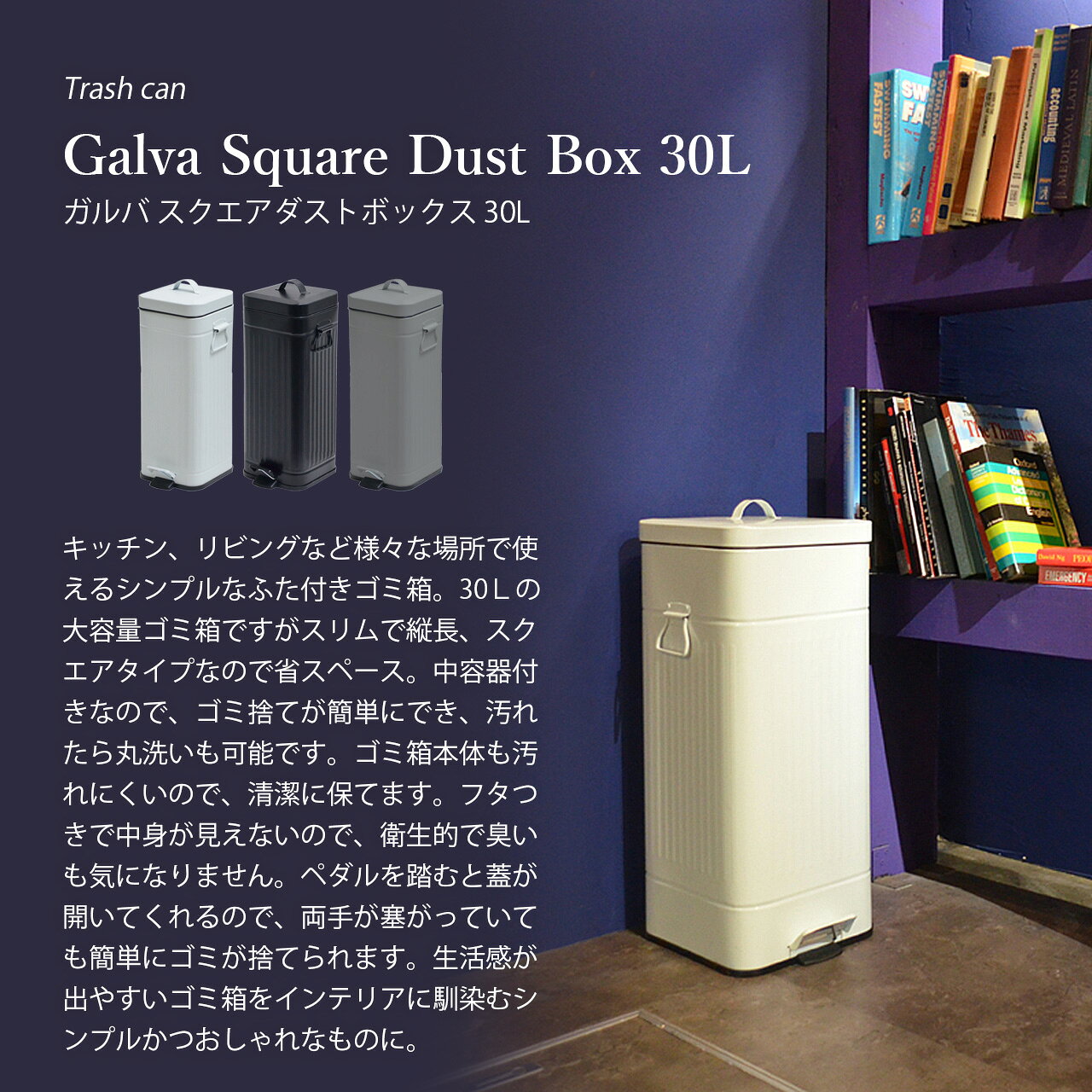 b.c.l ビーシーエル Galva Square Dust Box 30L ガルバ スクエアダストボックス 30L / ステップ式 ゴミ箱 ごみ箱 ダストボックス 蓋付き フタ付き ペダル開閉 [2]