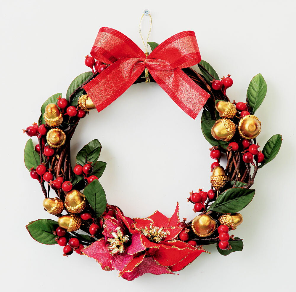 クリスマスリース ポインセチア ラタンリース 木の実 レッド 28cm 手作り リース ...