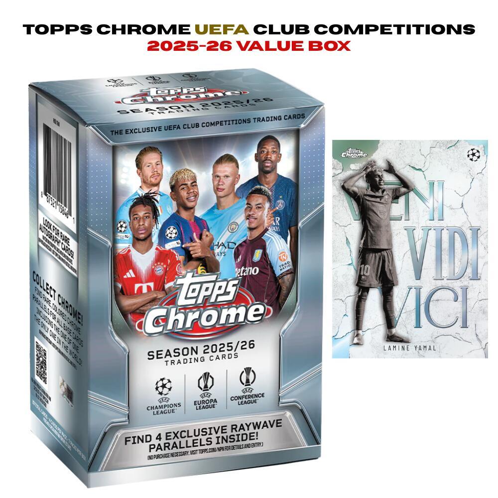 Topps Chrome UEFA 2025-26 Soccer Value Box 欧州CL トップス クローム サッカーカード バリューボックス メッシ ロドリ ヤマル 28枚入 限定パラレル 豪華インサート封入 BIONIC 聖地ベネルクス 欧州最高峰の戦い 新品 送料無料 シュリンク付き