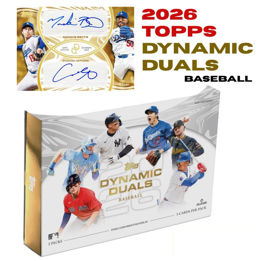 2026 Topps Dynamic Duals Baseball Hobby Box トップス ダイナミック デュアルズ ベースボール ホビーボックス メジャーリーグ 大谷翔平 ムーキーベッツ 直筆サイン 1枚確定 ブックレット イチロー 佐々木朗希 山本由伸 今永昇太 豪華コンボ MLB カード 新品 送料無料 【米TOPPS限定品】激レア直筆サイン1枚確定！大谷翔平＆ベッツのMVPコンボやイチロー、佐々木朗希収録の2026年最新限定ホビーボックス! 2026 Topps Dynamic Duals Baseball Hobby Box 2026 Topps Dynamic Duals Baseball Hobby Box トップス ダイナミック デュアルズ ベースボール ホビーボックス メジャーリーグ 大谷翔平 ムーキーベッツ 直筆サイン 1枚確定 ブックレット イチロー 佐々木朗希 山本由伸 今永昇太 豪華コンボ MLB カード 新品 送料無料 商品ページにてご確認ください1 【米TOPPS限定品 2026年最新の超限定・豪華デュアルボックス！】 米国Topps.com公式オンラインストア限定（Topps.com Exclusive）としてリリースされる コレクター垂涎のプレミアムボックス「2026 Topps Dynamic Duals Baseball Hobby Box」の 【数量限定・先行予約受付】を開始いたしました！ 本製品は、2人のスーパースターが1枚のカードで融合する 「デュアル（ペア）」をコンセプトにした超豪華仕様 なんと、1ボックスに【シリアル入りのデュアル直筆サインカードが1枚確定】で封入されています！ アメリカ公式ストアでも即完売必至、日本国内への流通量が極めて少ない激レア限定商品です 確実に入手したい方は、ぜひこの機会に先行予約をご利用ください！ ★本ボックスの最大の見どころ＆注目収録内容 1.1ボックスに1枚！夢の「デュアル直筆サイン」確定！ すべてのサインカードが2人一組の限定仕様。大谷翔平＆ムーキー・ベッツのドジャースMVPコンボや イチロー＆ランディ・ジョンソンのマリナーズレジェンドコンボ、さらには注目のウィル・スミス＆佐々木朗希の新バッテリーなど 日本が誇るスター達の直筆サインを手に入れる最大のチャンスです！ 2.規格外のハイパージャックポット（限定封入） 運が良ければ、大谷翔平、イチロー、アーロン・ジャッジ、マイク・トラウト、デレク・ジーターら 新旧のメガスタースーパーレジェンド【計12人の直筆サイン】が1枚の冊子に融合した 「Dynamic Dozen Autograph Booklet」が飛び出すサプライズも……！ 3.豪華な限定インサート＆超SP（SSP）カード 大谷翔平×アーロン・ジャッジの東西ホームランキング対決を描いた 騎士風イラストの超ショートプリント（SSP）「Dynamic Duels」や 大谷選手＆カル・ラリーのインサートなど、パックを開ける手が止まらない極上のラインナップです！ 【商品スペック（1ボックスあたり）】 * 1パック5枚入り × 1箱5パック（計25枚封入） * デュアル直筆サイン（シリアル入り）：1枚（確定） * シリアル入りパラレル：2枚 * ベースショートプリント（SP）：1枚 * インサート または 超ショートプリント（SSP）：1枚 【お届け納期について】 こちらの商品は、海外メーカー及び代理店からのお取寄せ商品となります。 そのため、ご注文確定後おおよそ2週間～3週間前後にて当店より出荷となりますので 予めご了承ください。 【ご購入前に必ずご確認ください】 ●掲載画像は、あくまで収録カードの一部であり、特定のカードの出現を保証するものではございません ●封入構成はメーカー発表の「平均」であり、全てのボックスで特定のカードの出現を保証するものではございません ●海外輸入商品の性質上、外装（シュリンクや箱）に軽微なスレや傷がある場合がございます。 ●ご注文確定後のキャンセルは、如何なる理由においても不可となります。 ●製造過程における印刷ミスや封入ミス等メーカーに起因する問題については全て免責とさせていただきます
