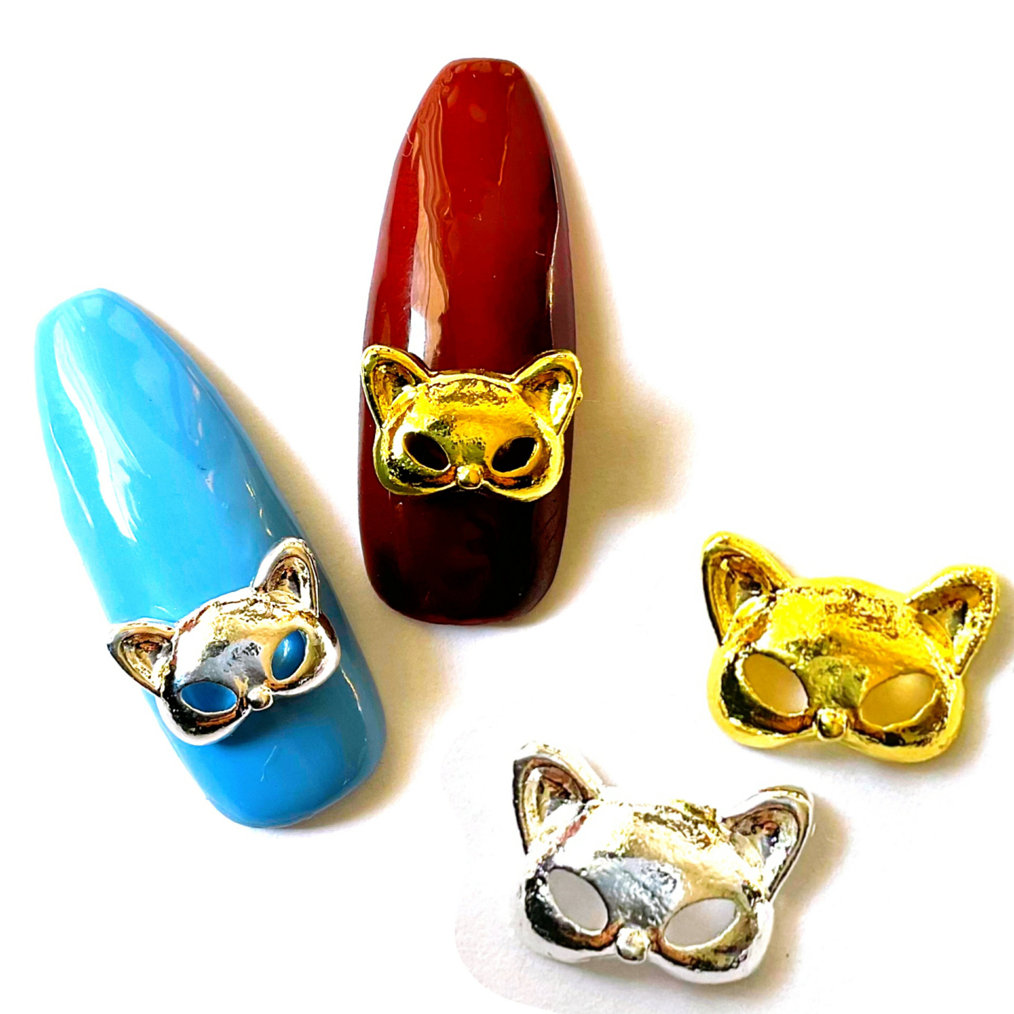 ネイル アニマルマスク 猫 5P キャット ゴールド シルバ 仮面 セルフネイル ハンドメイド レジン 材料 シンプルネイル メタルパーツ