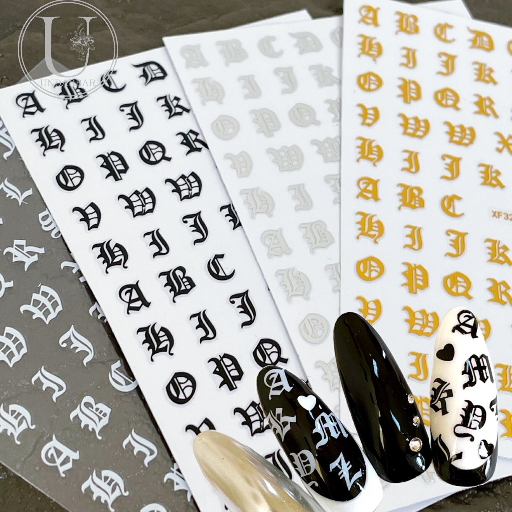 カッコいい ネイルシール 英字 梵字 イニシャル 割引クーポン Sticker ジェル ネイル セルフネイル 簡単 ワンポイント レジン封入 ハンドメイドパーツ 4色カラバリ アルファベット ネイルパーツ ネイルステッカー ロゴ文字 1枚 韓国ネイル レジン 梵字シール クラフト