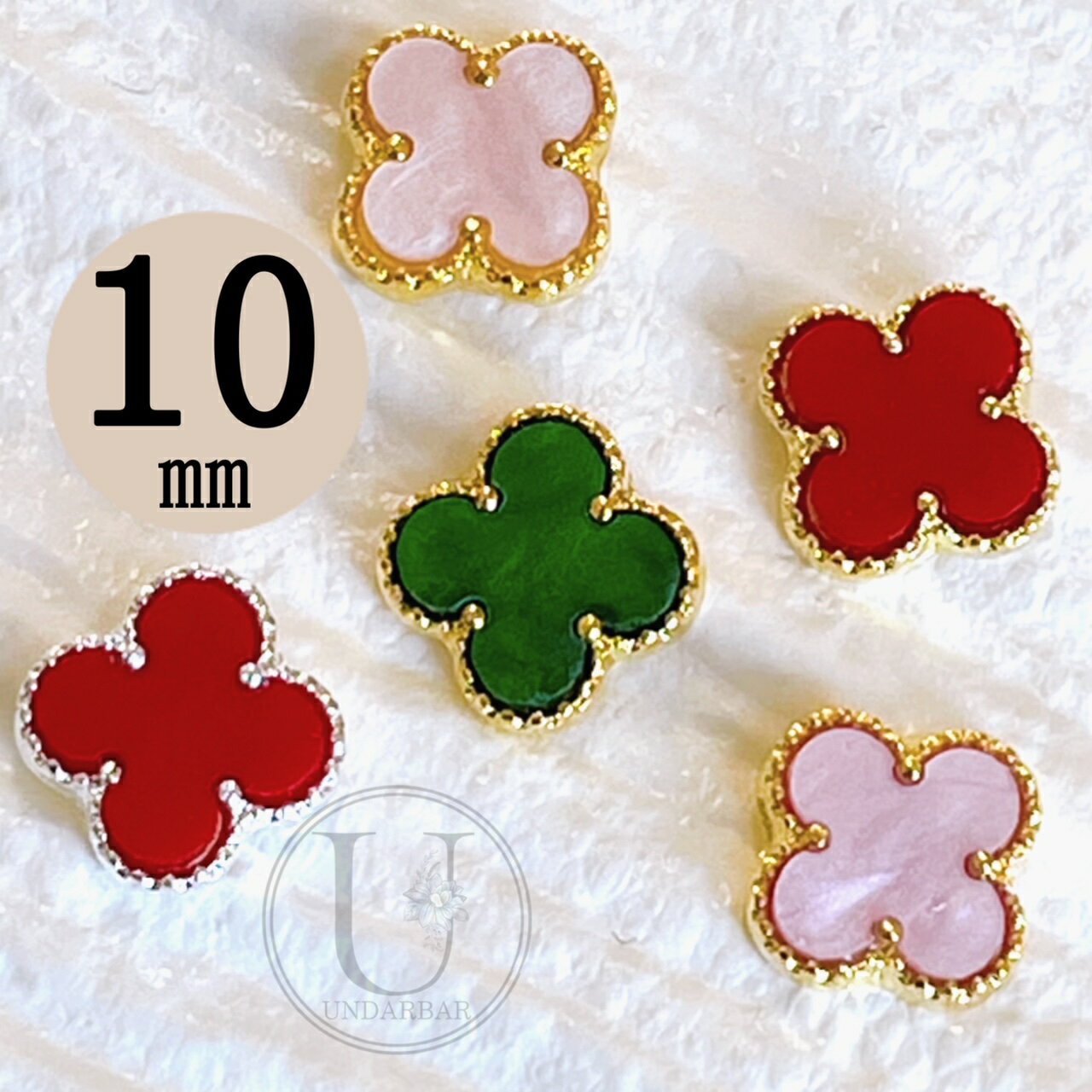 NEW ネイルパーツ ピアス 2P 10mm クローバー 四つ葉 花 フラワー グリーン レッド ピンク お洒落 チャーム モノグラム ヴァンクリ風 ネイルストーン セルフネイル ハンドメイドピアスのサムネイル