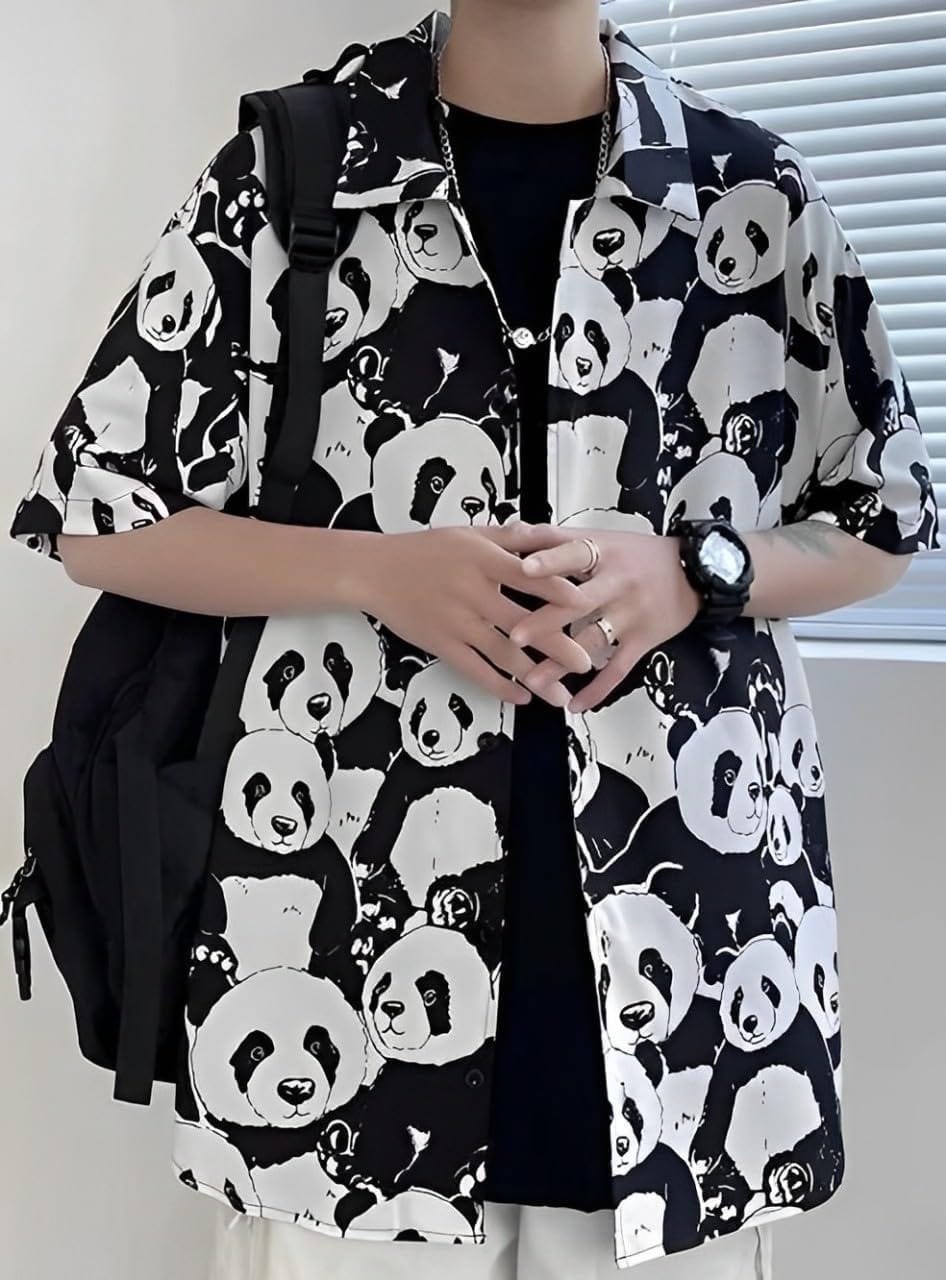 [aspersio] [アスペルシオ] オシャレ パンダ 半袖 シャツ 総柄 プリント 襟付き 開襟シャツ 涼感 トップス メンズ