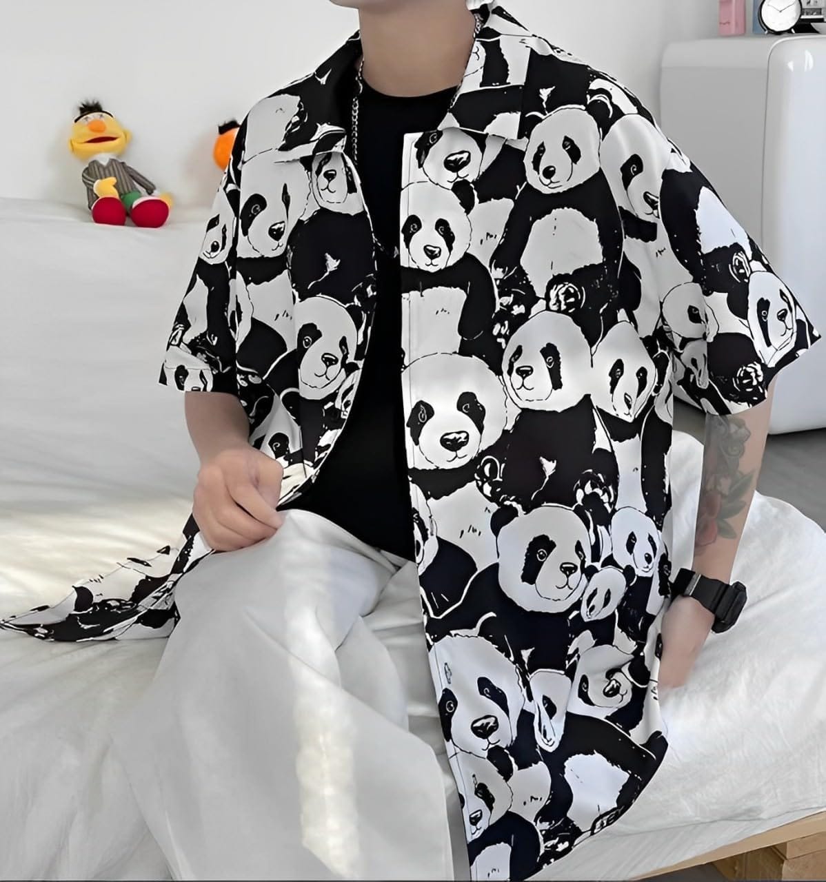 [aspersio] [アスペルシオ] オシャレ パンダ 半袖 シャツ 総柄 プリント 襟付き 開襟シャツ 涼感 トップス メンズ