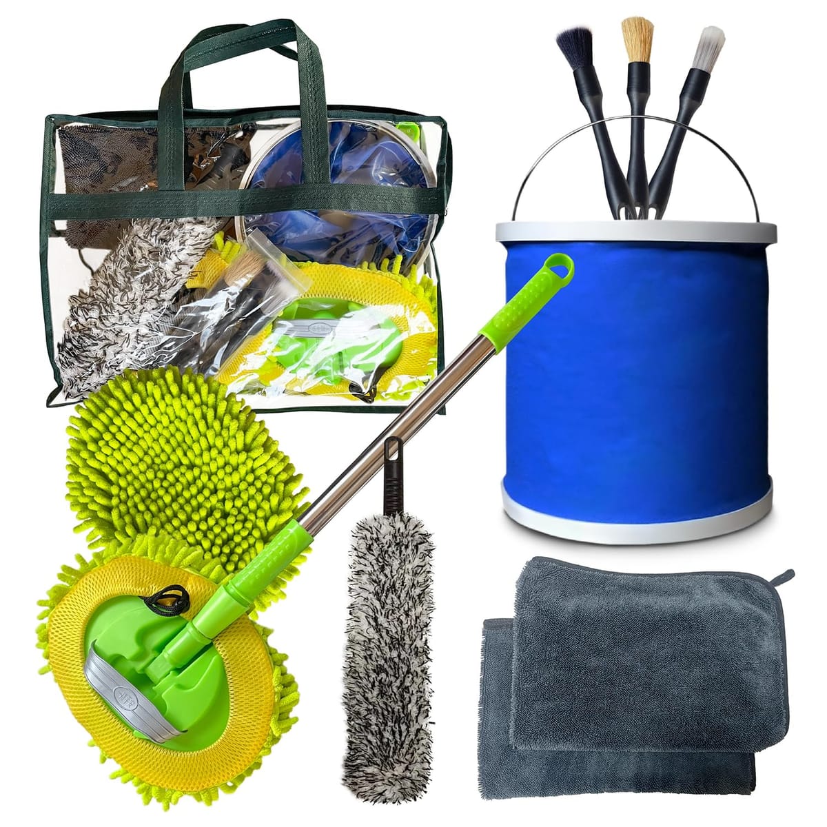 [VIVRELLA] 洗車セット タオル(拭き上げ用）ブラシ(ホイール用) 筆セット 伸縮洗車モップ バケツ 収納バッグ 計10点