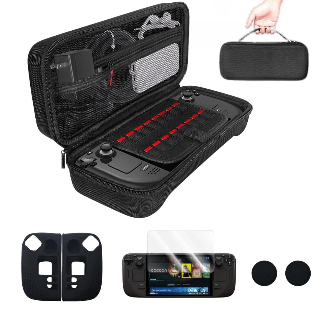【本日最終日！最大5%OFF対象】 Steam Deck OLED 用 5in1 アクセサリーセット」収納ケース + シリコン保護カバー + 強化ガラスフィルム2枚 + 親指保護カバー 耐衝撃・防水・持ち運び便利【スチームデックOLED専用】