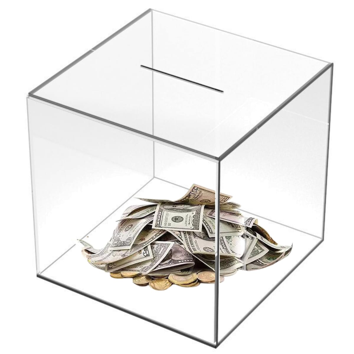 アクリル本舗 開かない 貯金箱 札 100万円貯金 筒型 透明 500円玉貯金箱 おしゃれ 賽銭箱 (正方形×12cm, クリア)