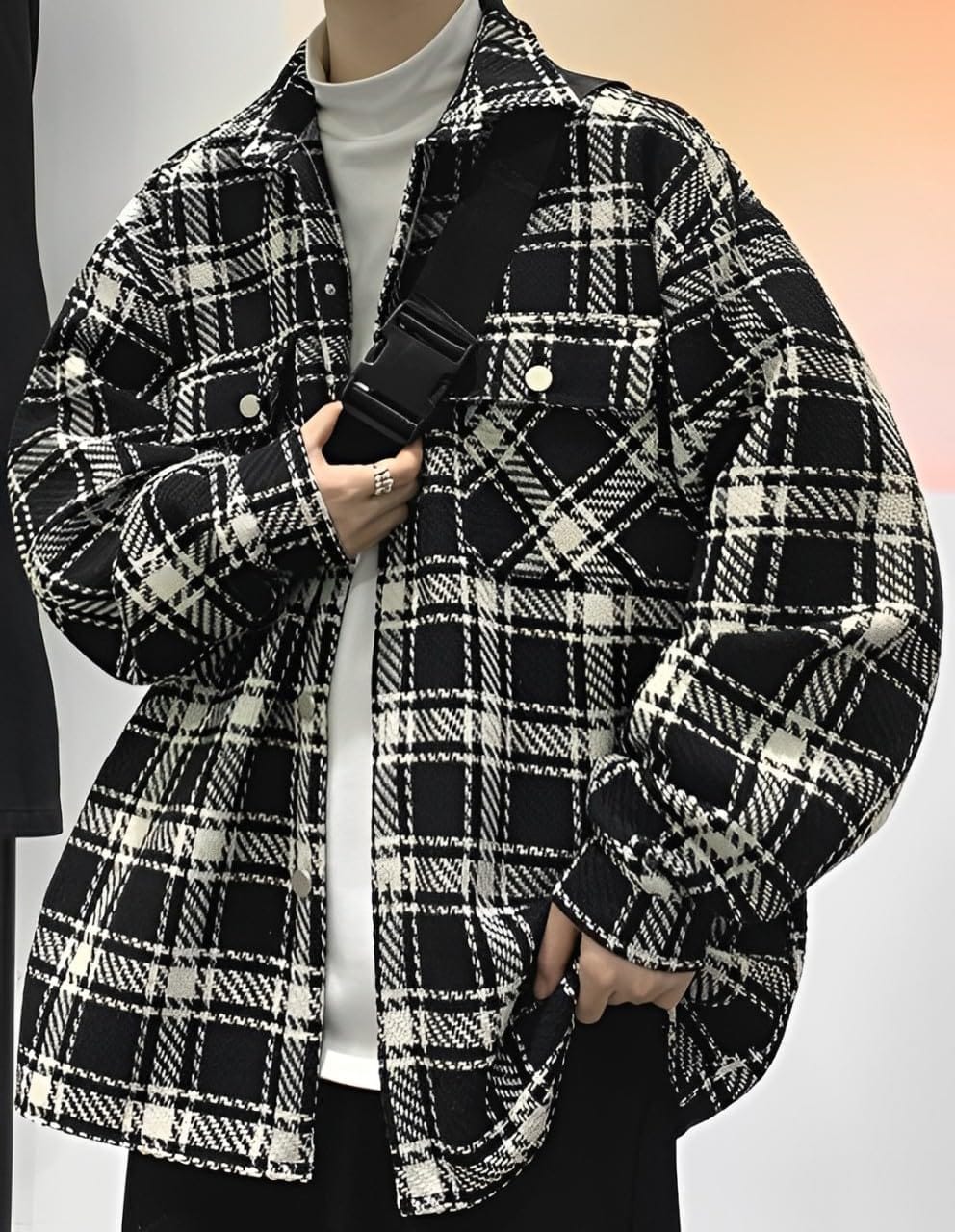 [aspersio] [アスペルシオ] チェック柄 ジャケット 襟付きネック ストリート オシャレ シャツ 総柄 アウター メンズ