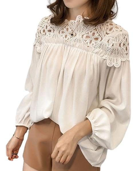 [Four leaf] [フォーリーフ] きれいめ ブラウス 肩レース レディース 長袖 おしゃれ 切り替え プルオーバー カットソー トップス シャツ 春 秋 大きいサイズ 通勤