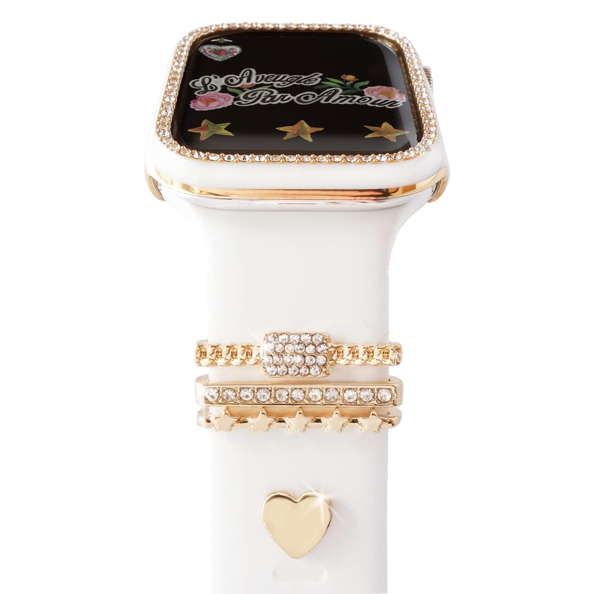 【お買い物マラソン限定！最大5%OFF対象】 [Lib?rez-moi] アップルウォッチ チャーム 4ピースセット ゴールド ハート リベット＆スクエア ストーン ケースつき おしゃれ アクセサリー 38mm 40mm 41mm 42mm リング (カレ)