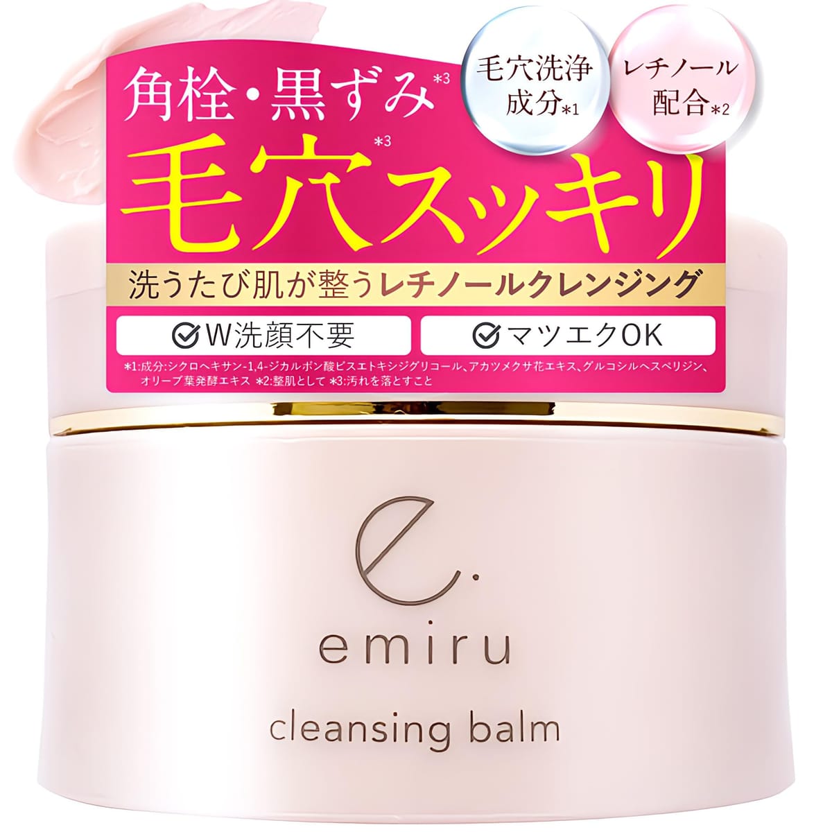 【スパチュラ付き】　化粧箱の中から取り出してください。必要に応じ、容器ふた裏に収納（横向きを推奨）し、ご使用ください。【保湿力×さっぱり感のバランス処方】　すすぎの際、気になる ぬるつき を抑えつつ さっぱり で保湿できる独自バランス処方を実現しました。W洗顔不要でお肌への負担を軽減します。【4つの成分でお肌をサポート】　レチノール、バクチオール、ヒアルロン酸、CICAを配合し、健やかな素肌づくりをサポートします。【潤い成分を贅沢に配合】　クレンジング後のお肌の潤い・保湿を保つため、サポート成分にプラスしてホホバ種子油、シア脂、ムラサキ根エキス、3種のナノセラミド、スクワラン、3種の発酵液などを贅沢に配合しました。【お肌に優しい安心の無添加処方】　安心してご使用いただけるように、合成着色料、合成香料、鉱物油、パラベン、アルコール、シリコン、紫外線吸収剤、合成ポリマーを一切使用しておりません。【天然由来の香りとピンクカラー】　天然由来のユーカリやラベンダーなどのハーブとオレンジやライムなどの柑橘系をミックスした爽やかな香りとピンク色。容器はダスティピンク（くすみピンク）で優しく大人可愛い雰囲気を演出しております。爽やかな香りと優しいピンクで、毎日の心地よいスキンケアタイムをお楽しみください。 【ご使用にあたって】 スパチュラを化粧箱の中から取り出してください。必要に応じ、容器ふた裏に収納（横向きを推奨）し、ご使用ください。