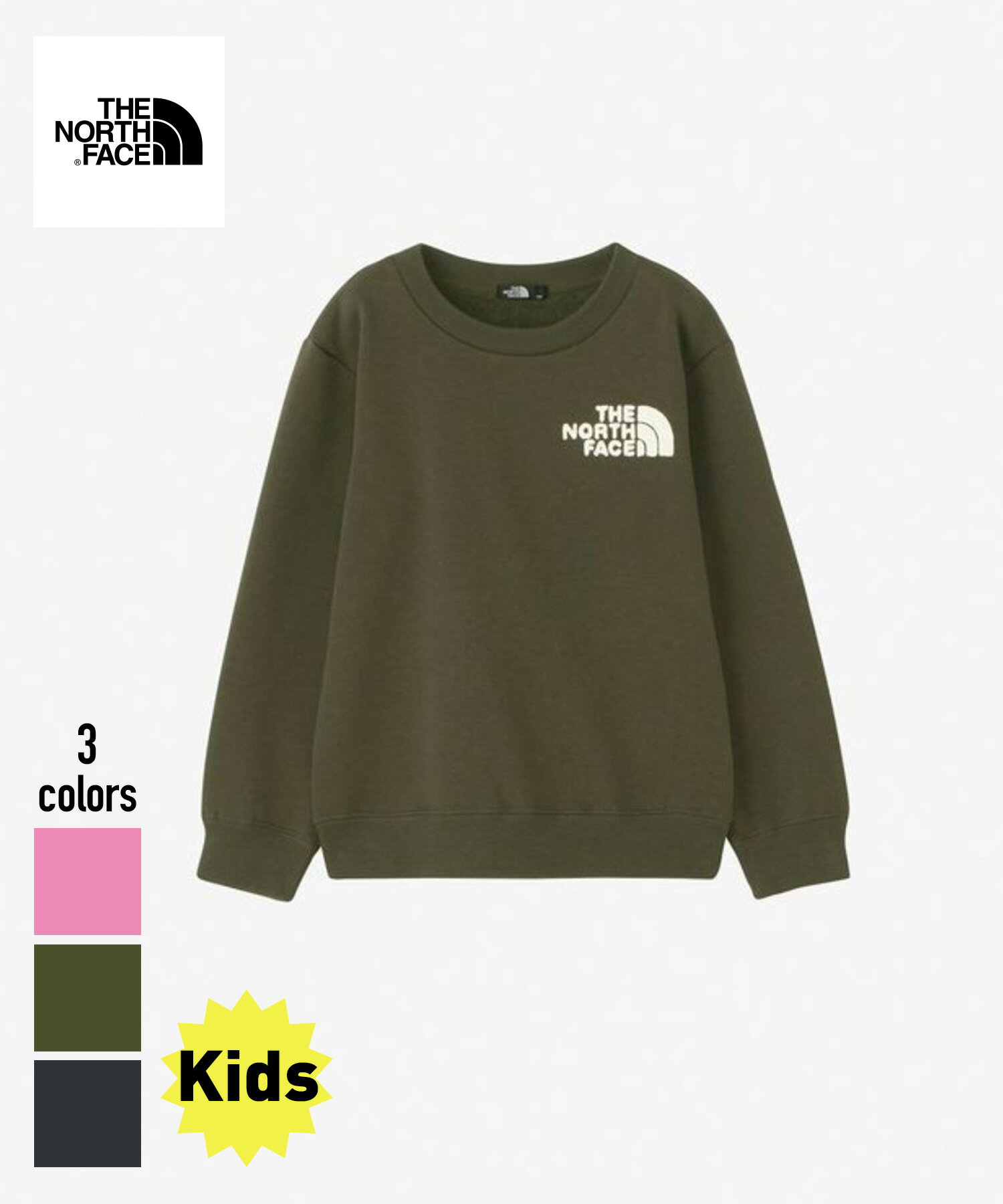 THE NORTH FACE Frontview Crew(NTJ62262)【ノースフェイス フロントビュークルー】国内正規品 キッズ 子ども用 育児 子育て トップス スウェット 厚手 暖かい 裏起毛 長袖 アウトドア カジュアル ピンク ネイビー オリーブ 100~150 秋冬 23AW 23FW 新作カラー