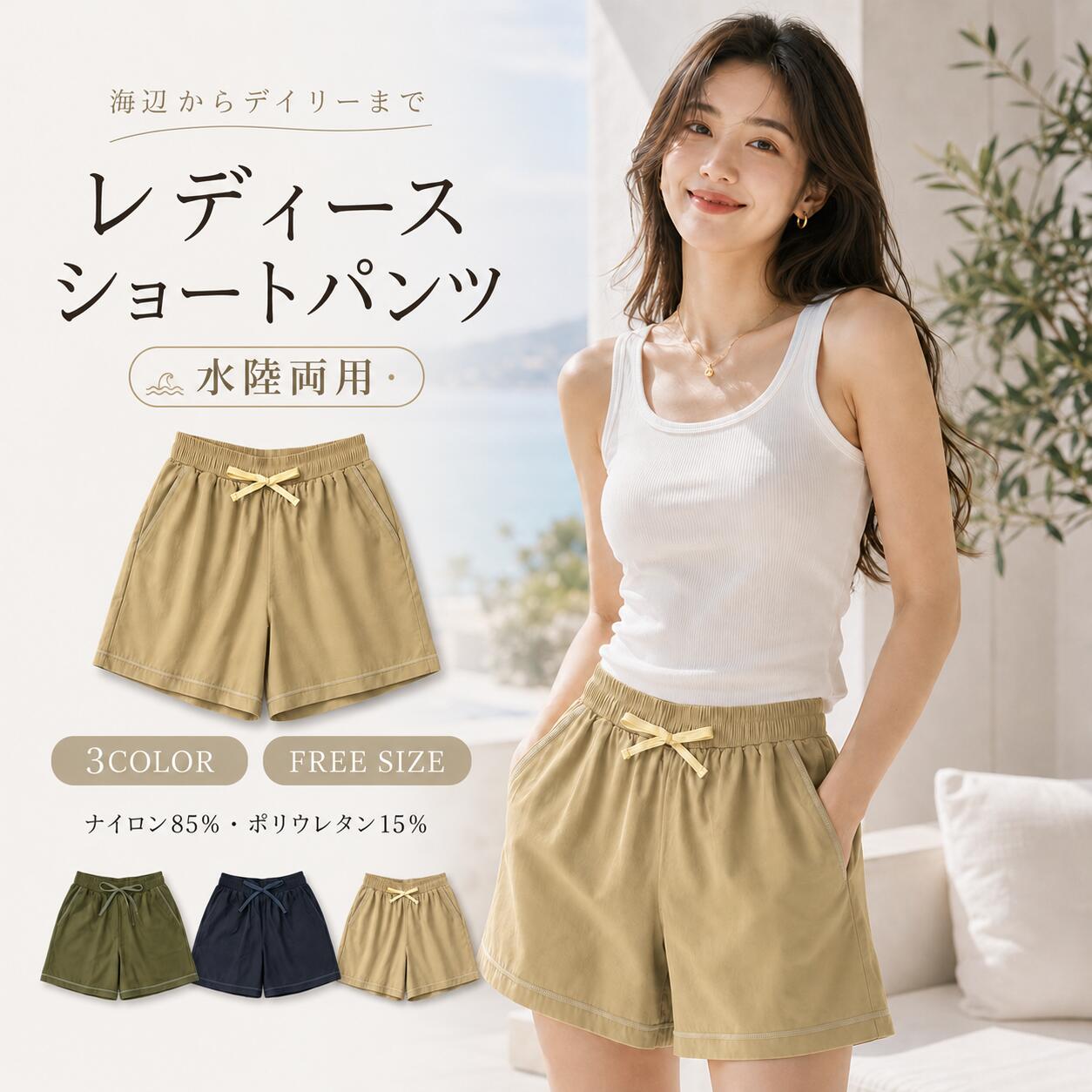 樂天商城 - レディース ショートパンツ ビーチショーツ ナイロンパンツ ハーフパンツ 短パン ウエストゴム 調節紐付き ポケット付き ストレッチ 軽やか 無地 海 プール リゾート アウトドア 旅行 デイリー カジュアル フリーサイズ