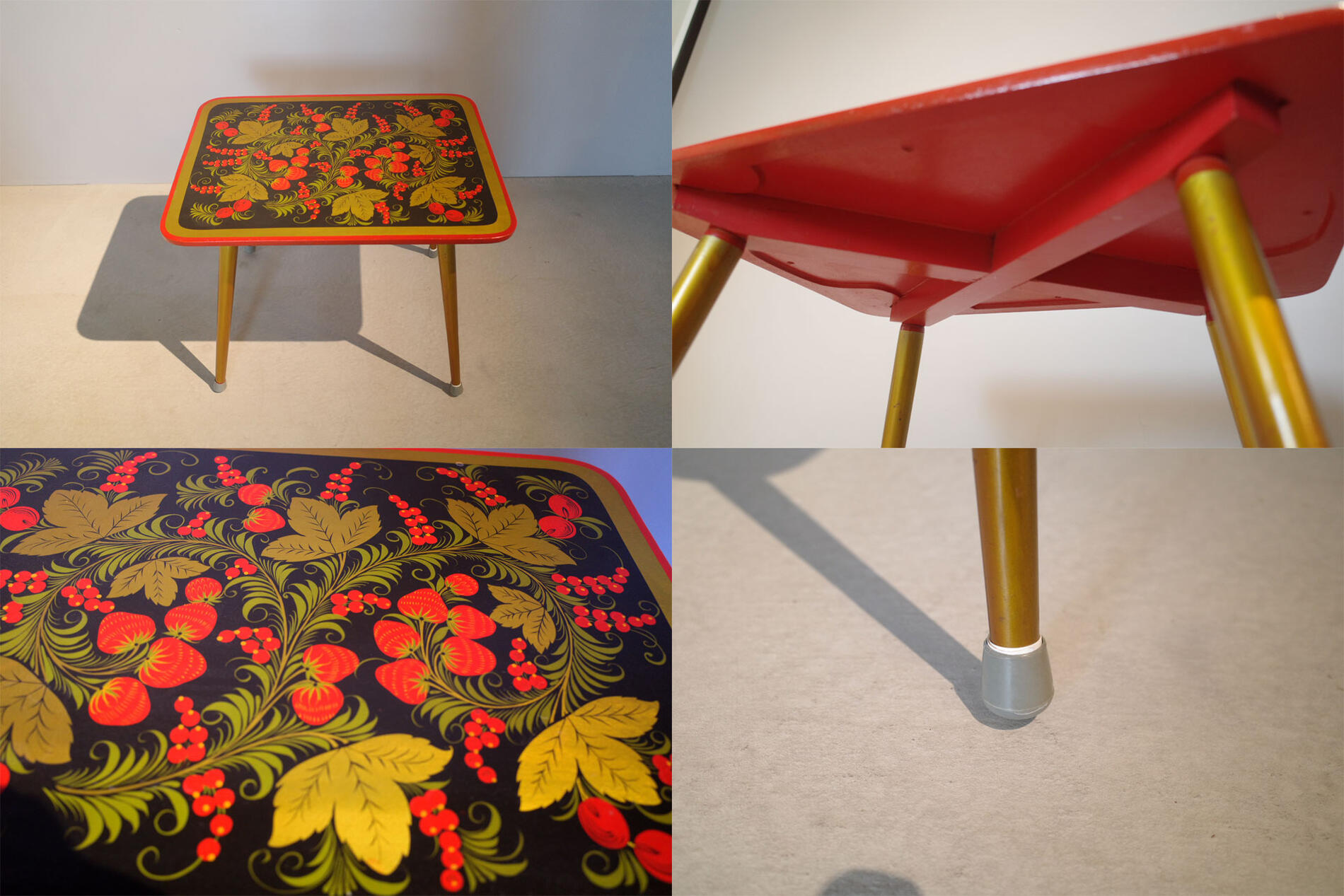 Vintage/ヴィンテージ ロシア製 Khokhloma/ホフロマ塗り 1950年代から1970年代 ソ連時代 テーブル 子供椅子×2 3点セット 木製 ウッド チャイルド 子供イス チルドレンチェア 手書き模様 イチゴ Antique/アンティーク 伝統工芸品 希少品 董品 民藝 UNDERGROUND【中古】 [2]
