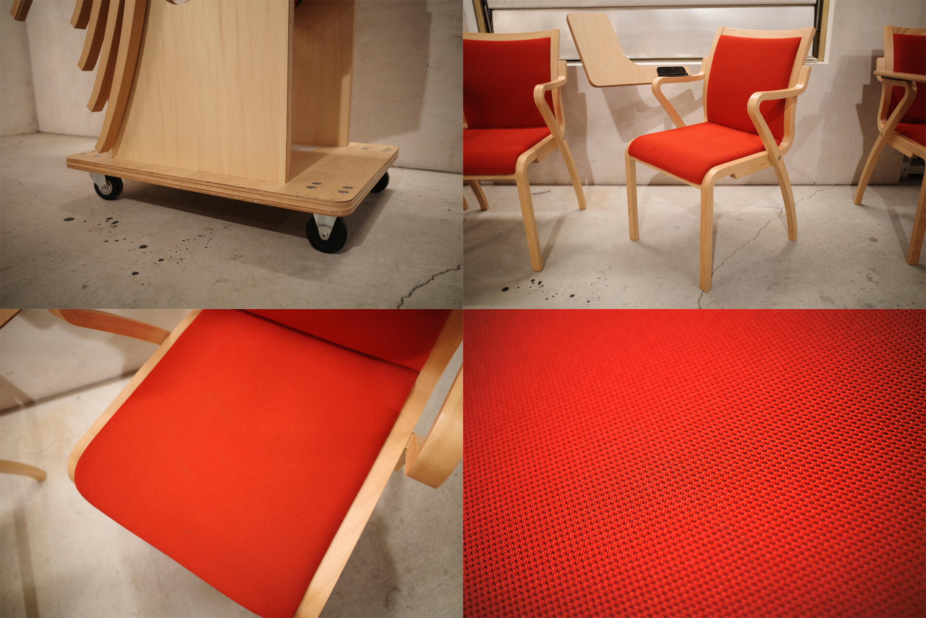 原 好輝/Yoshiteru Hara Tendo/天童木工 ダイニングチェア4脚 台車付き テーブル付き パーソナルチェア 木製 ウッド ジャパン japan 日本製 ジャパニーズモダン ミッドセンチュリー 家具 Vintage/ヴィンテージ イス 椅子 店舗什器 成形合板 プライウッド 赤 レッド【中古】