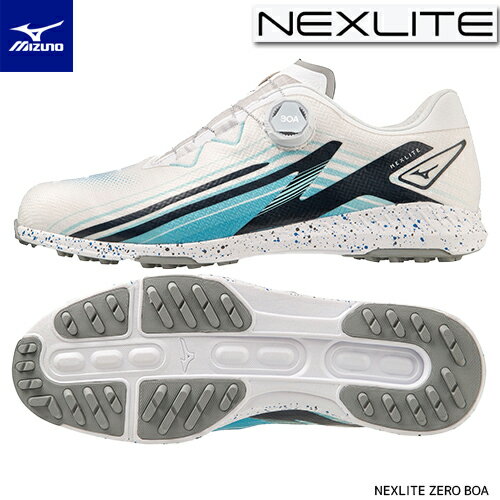 MIZUNO 【 ミズノ 】 NEXLITE ZERO BOA ゴルフ シューズ メンズ 51GM2320 【2023年モデル】 ネクスライトゼロ ボア 01 オフホワイト×スカイブルー スパイクレス 軽量 3E相当