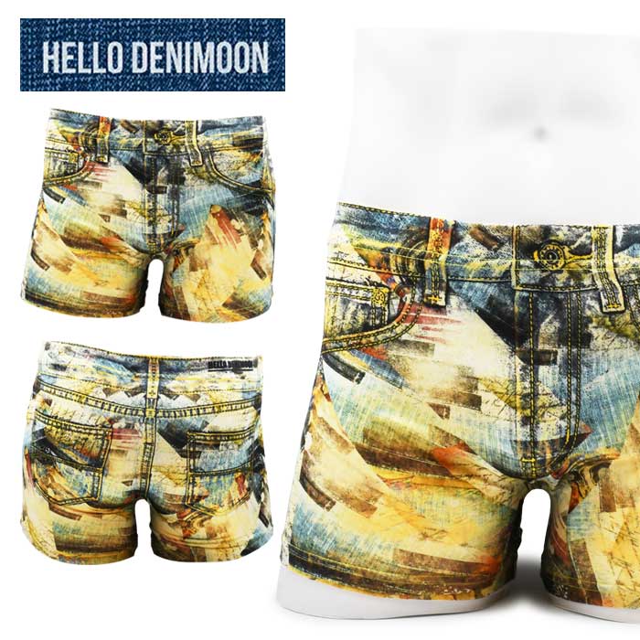 HELLO DENIMOON デニムーン ボクサーパンツ メンズ 蒸れない 伸びる 下着 ブランド おしゃれ 締め付けない 派手 人気 おすすめ デニム プレゼント かわいい かっこいい 大きいサイズ 誕生日 スポーツ 柄 春 夏 秋 冬 敬老 父の日 カラフル 総柄イエロー F XL d0009