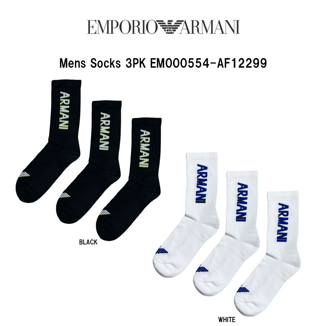 Rakuten - EMPORIO ARMANI(エンポリオアルマーニ)ソックス 3足組 セット 靴下 クルー丈 ロゴ シンプル メンズ 男性用 ギフト 3PK EM000554-AF12299