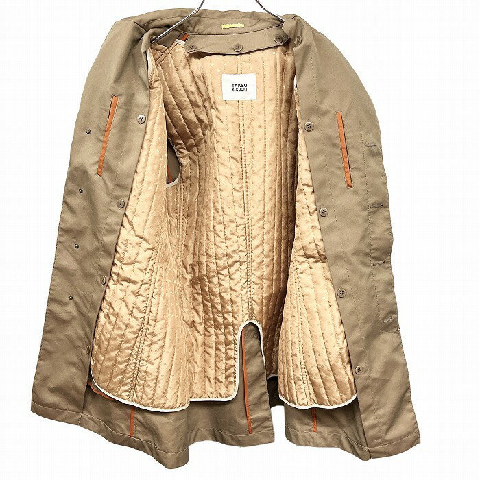 【中古】タケオキクチ TAKEO KIKUCHI トレンチコート 薄手の中綿入りのノースリーブライナー付き 無地 長袖 綿×ポリ L (3) ベージュ メンズ