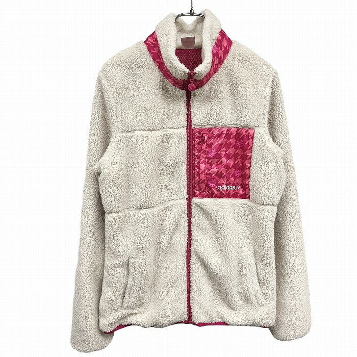 【中古】adidas NEO LABEL ボアジャケット メッシュ裏地 千鳥格子×桜の花びら 長袖 ポリ100% L ピンク ピンク×オフホワイト レディース