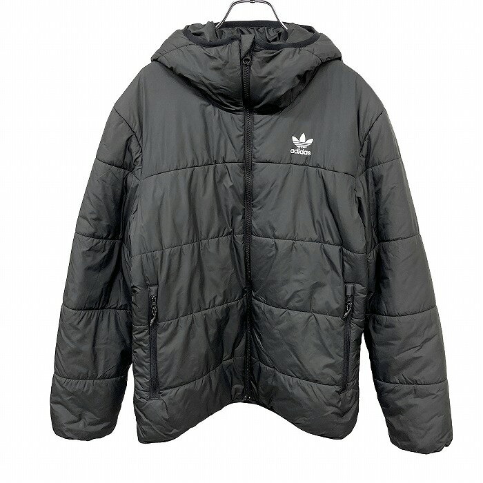 Rakuten - 【中古】[印象AB] adidas TREFOIL アディダス トレフォイル パデッドジャケット / パーカー レディース L ブラック 黒×白 ポリ100% ハイネックフード チンガード ジップポケット フルジップ 内ポケット×1 中綿入り 長袖 ロゴプリント