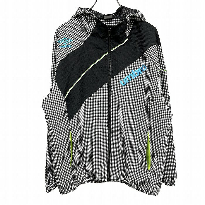 Rakuten - 【中古】[印象A] UMBRO アンブロ パーカー / ジャケット メンズ M ブラック 黒×白×青×緑 ポリ100% ハイネックフード フリーダムスリーブ 裾と袖口にゴム フードのみにメッシュ裏地 クレープ生地 シャツ生地 チェック 刺繍 裏地無し 長袖