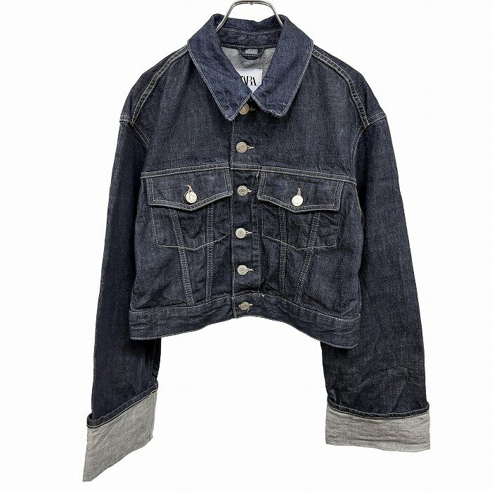 樂天商城 - 【中古】[印象AB] ZARA ザラ デニムジャケット / トラッカージャケット / Gジャン / ジージャン レディース SS XS ネイビー 紺 綿100% 無地 長袖 古着 袖口折り返し(縫い留められているので伸ばせません) 両胸フラップポケット ボタン留め 裏地無し アウター ロングスリーブ