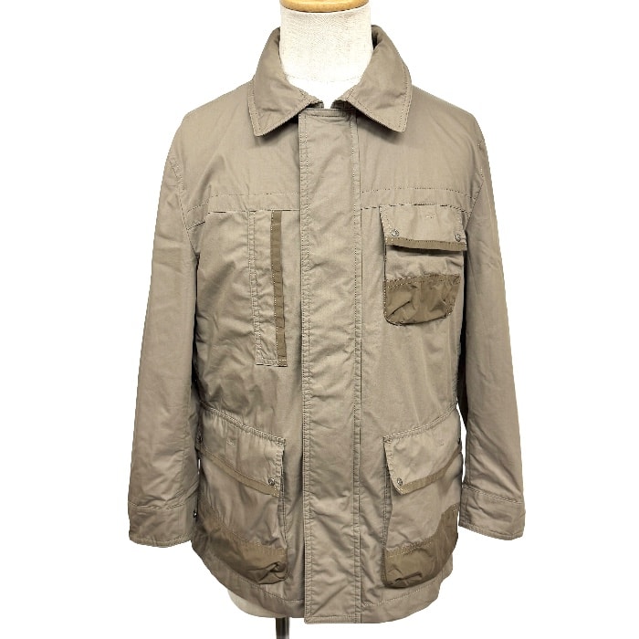 【中古】[印象AB] THE SCOTCH HOUSE ザ・スコッチハウス ジャケット メンズ L ベージュ ダークベージュ 綿×ポリエステル やや薄手 無地 レギュラーカラー 長袖 ベトナム製 古着 襟の内側に隠しフード フライフロント ドットボタン×ジップアップ 前立ての内側にチェック柄