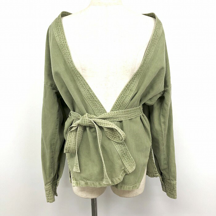 【楽天スーパーSALE限定!! ＼★半額★／対象商品|12月4日(木)20時00分～12月11日(木)01時59分まで】【中古】ZARA WOMAN ザラ ウーマン S レディース 女性 ガウンジャケット ノーカラー 裏地無し 無地 USED加工 長袖 綿×麻 グリーンカーキ 緑系