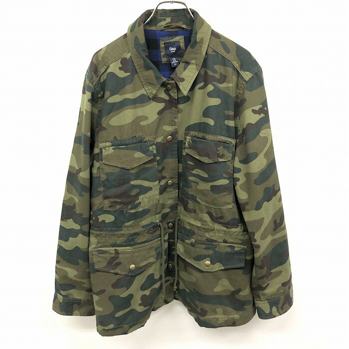 乐天商城 - 【中古】[印象AB] GAP ギャップ フィールドジャケット レディース XL グリーンカーキ 緑系 綿100% ドットボタン留め ウエストに調節紐 内ポケット無し 迷彩柄 身頃にチェック柄のネル生地裏地 袖は普通の裏地 長袖