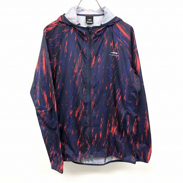【中古】TIGORA ティゴラ S メンズ 薄手 ジップアップ ジャケット パーカー ロゴ 総柄 裏地無し ラグラン 長袖 ポリ100% ネイビー×レッド 紺×赤