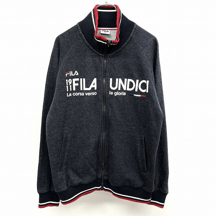 Rakuten - 【スーパーSALE★半額★対象商品】【中古】[印象B] FILA フィラ カットソー / ジップジャケット / ブルゾン メンズ L ヘザーネイビー×ホワイト×レッド 杢紺 ポリ×綿 ハイネック フロッキープリント ロゴ刺繍 裏起毛 ラグラン 長袖