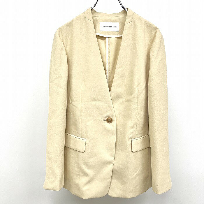 樂天商城 - 【中古】[印象A] URBAN RESEARCH アーバンリサーチ ノーカラージャケット レディース 38 杢イエローベージュ系 ポリ100% 無地 袖口スリット センターベント 薄手 裏地無し 1つボタン留め 長袖