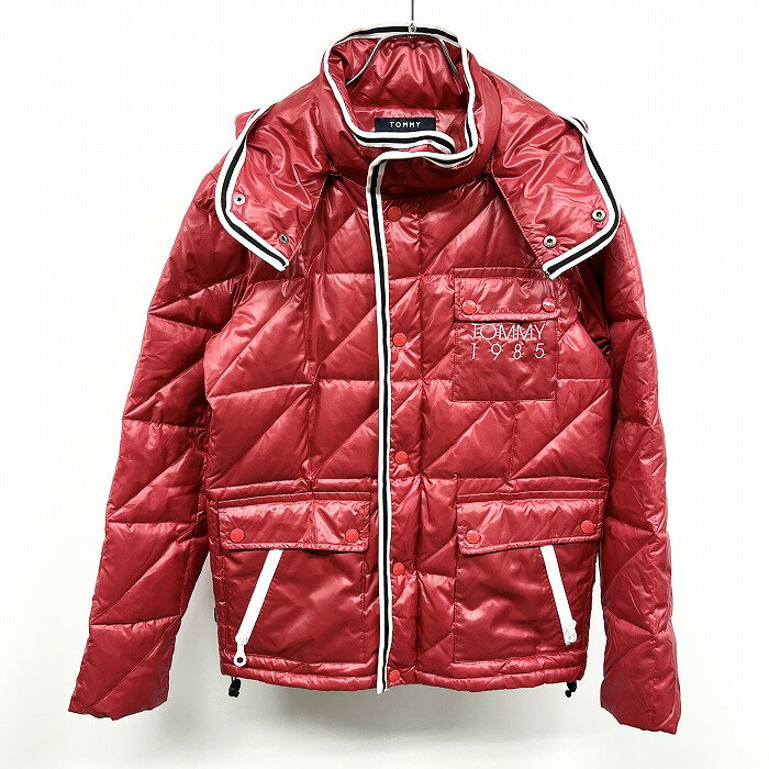 【全品ポイント10倍|開催中|〜07/26(土)01:59＼7月後半お買い物マラソン／100円〜2,000円OFFクーポン配布中】【中古】TOMMY トミー M メンズ(レディース？) ダウンジャケット スリムフィット フード脱着可 ロゴ刺繍 長袖 ダウン70%＋フェザー30% レッド 赤