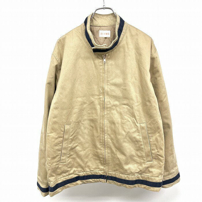 Rakuten - 【スーパーSALE★半額★対象商品】【中古】[印象AB] BEAMS ビームス ジップジャケット ブルゾン バンドカラー(ベルクロ留め) 内ポケット無し レイヤードカフス(内側はリブカフス) 若干薄手 中綿 長袖 綿100%(裏地：キュプラ100%) M ベージュカーキ×ネイビー カーキ系 メンズ
